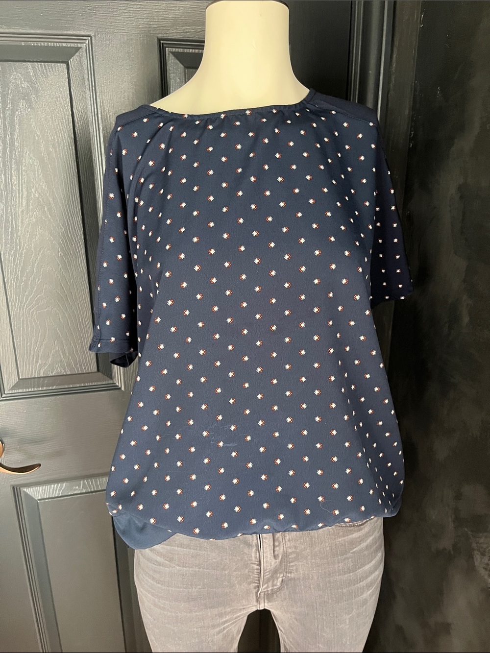 Women's Navy Short-Sleeve Blouse with red Dot Print
